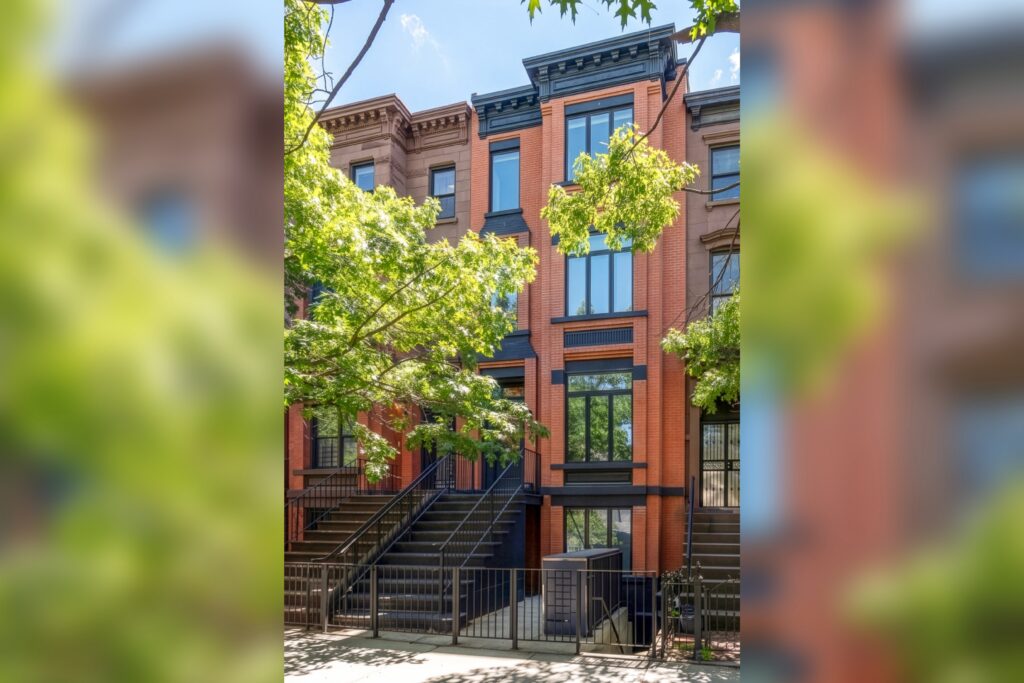 A row of brownstone townhouses with black trim and large windows, shaded by leafy green trees on a sunny day in the heart of leo season. Wide stoops and stairs lead up to the entrances, inviting you to bask in the vibrant energy of summer.