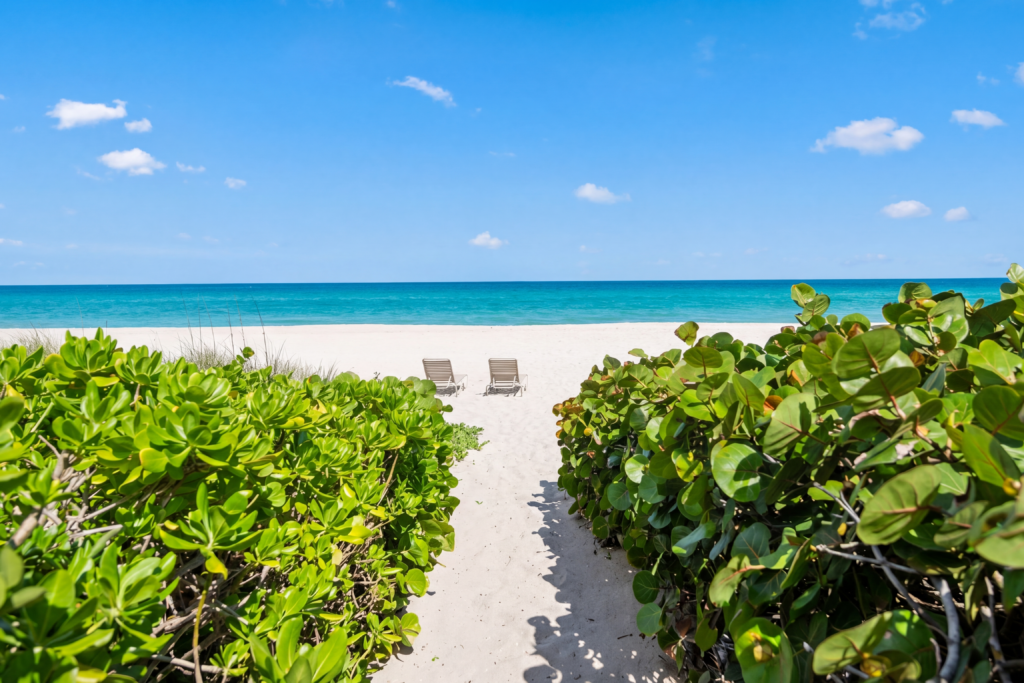 A sandy path lined with green bushes leads to two empty lounge chairs on a sunny beach, overlooking turquoise ocean water under a clear blue sky with a few scattered clouds, inviting you to enjoy the perfect summer amenities.