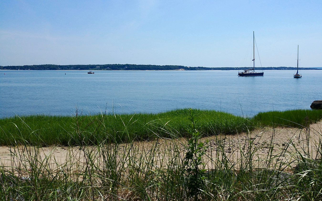 A calm bay with two sailboats anchored near the shore, green grass and sand in the foreground, and a distant tree-lined coastline under a clear blue sky—an idyllic setting that captures the natural charm often found in East End Real Estate.