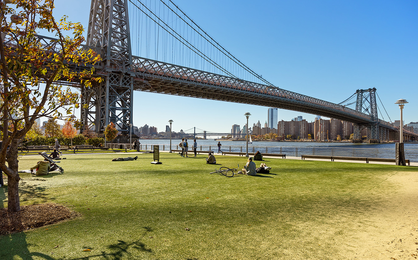 People relax on a grassy park under the Williamsburg Bridge in New York City, with the East River and city skyline—including modern Brooklyn condo buildings—visible in the background on a sunny day.