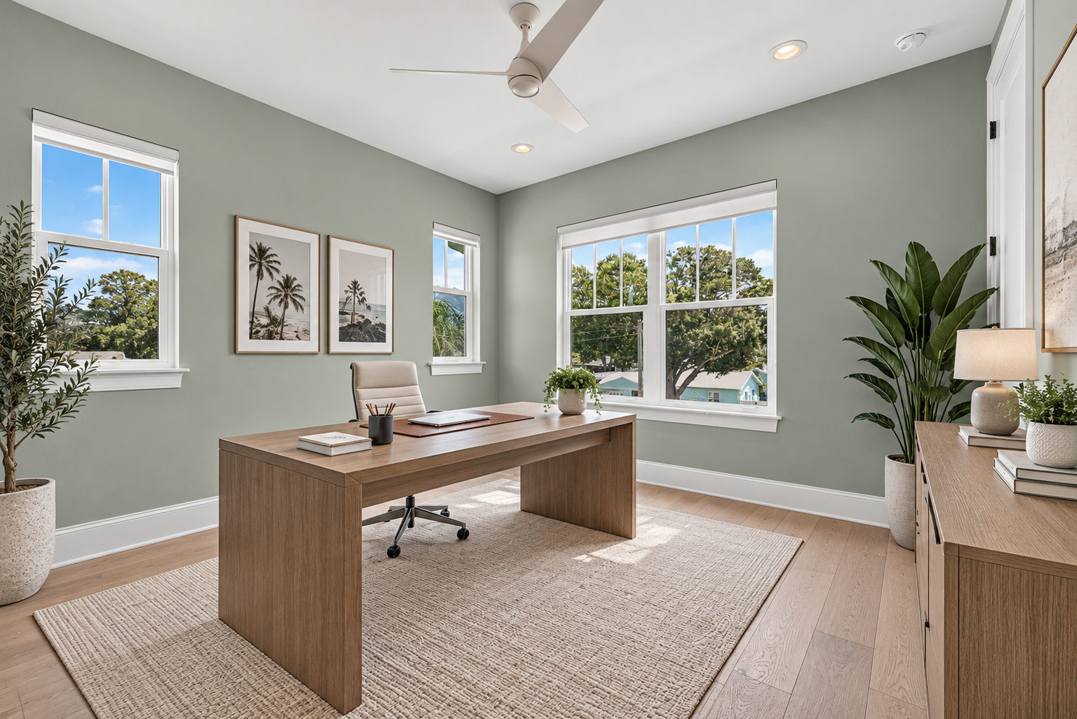 239 39th Ave NE A home office with sage green walls, a wooden desk and credenza, a rolling desk chair, and two potted plants.