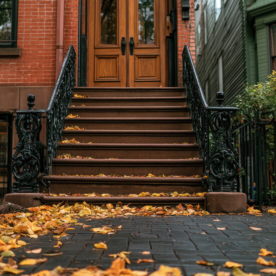 A stoop with brown stairs and black iron railings leading to a wooden door, surrounded by fallen autumn leaves.